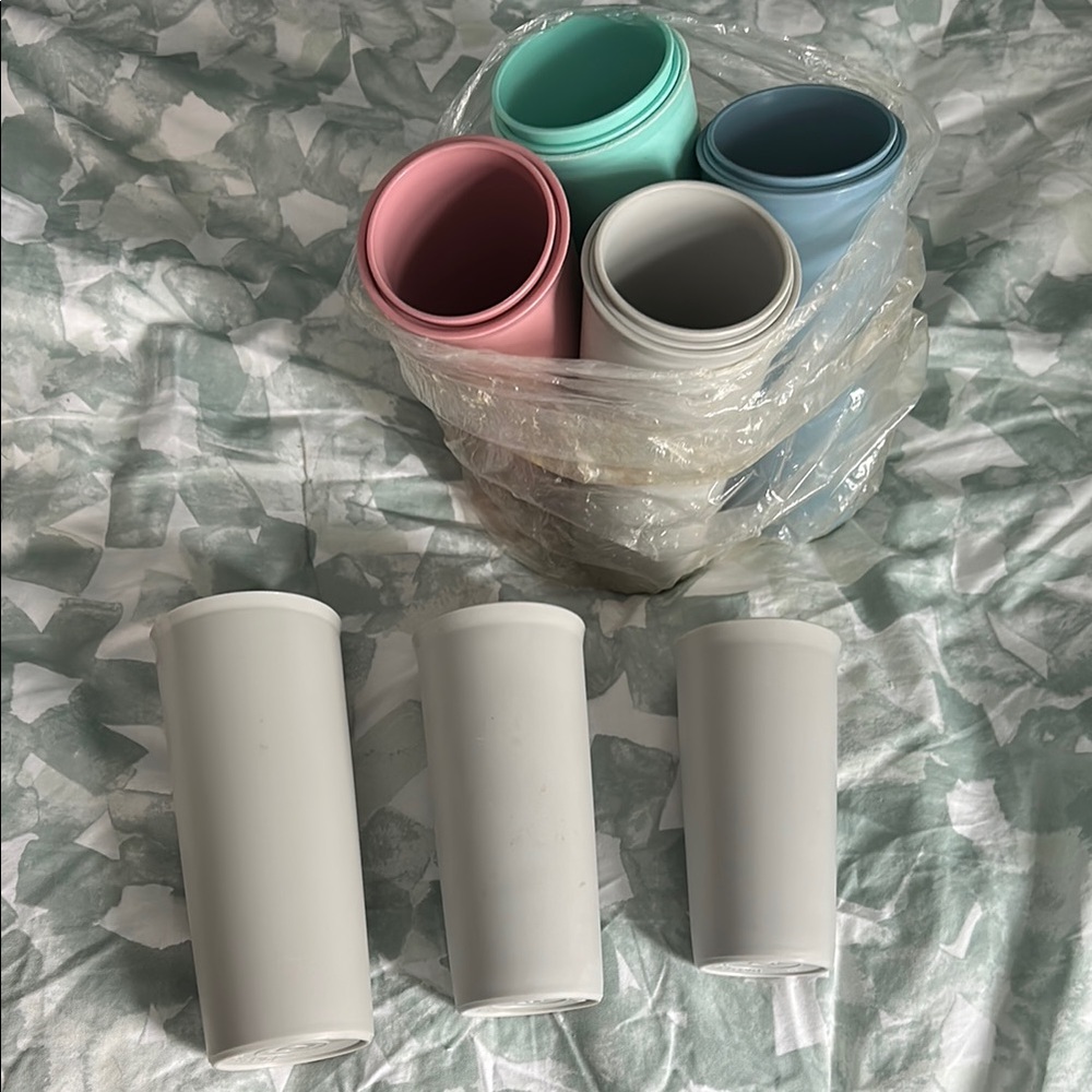 Tupperware sets of three stacking NEW never used Set of Colorful Reusable Cups